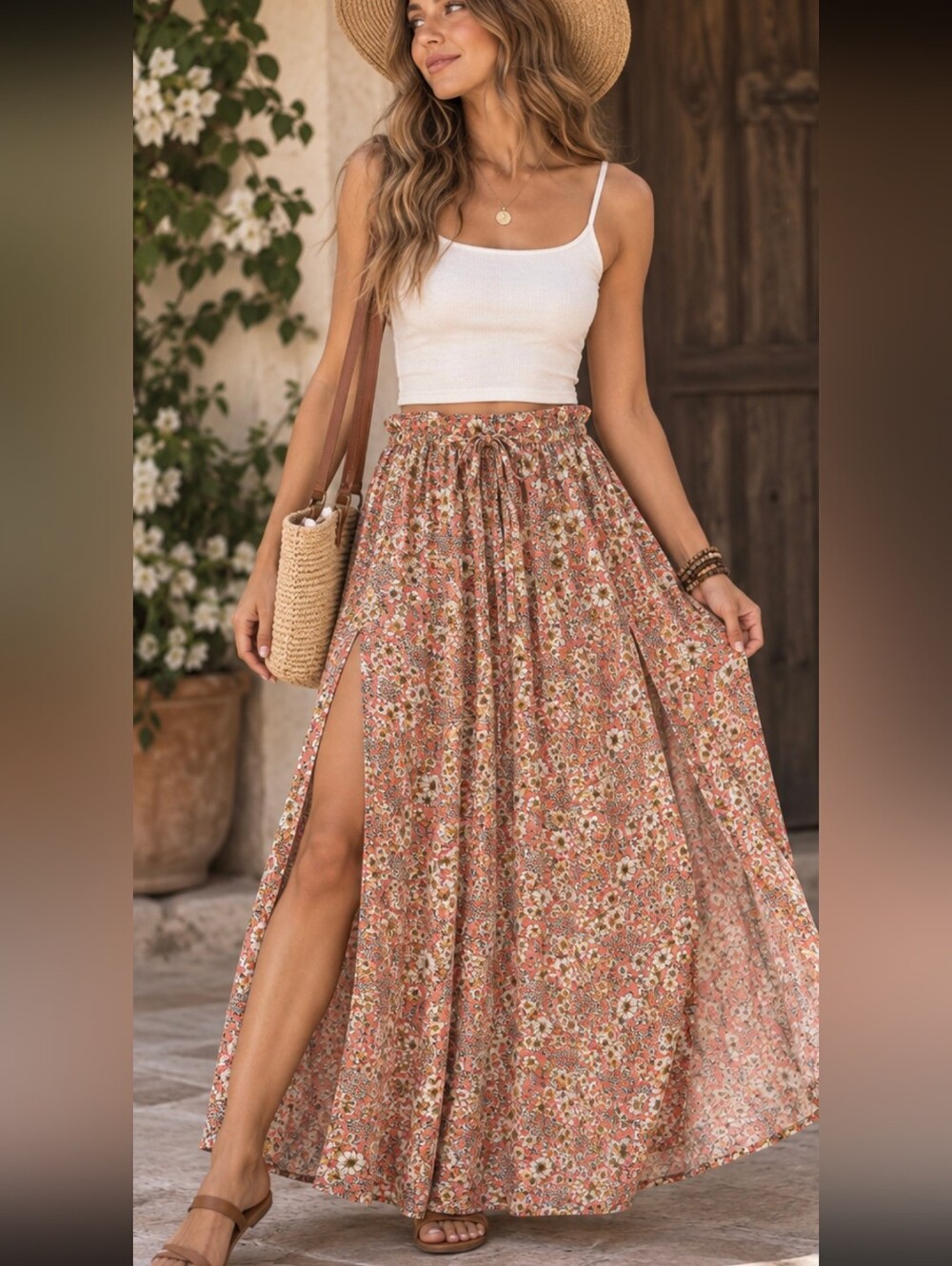 Patrons of Peace Floral Maxi Skirt Coral Cream Cottagecore Slits Small Boho